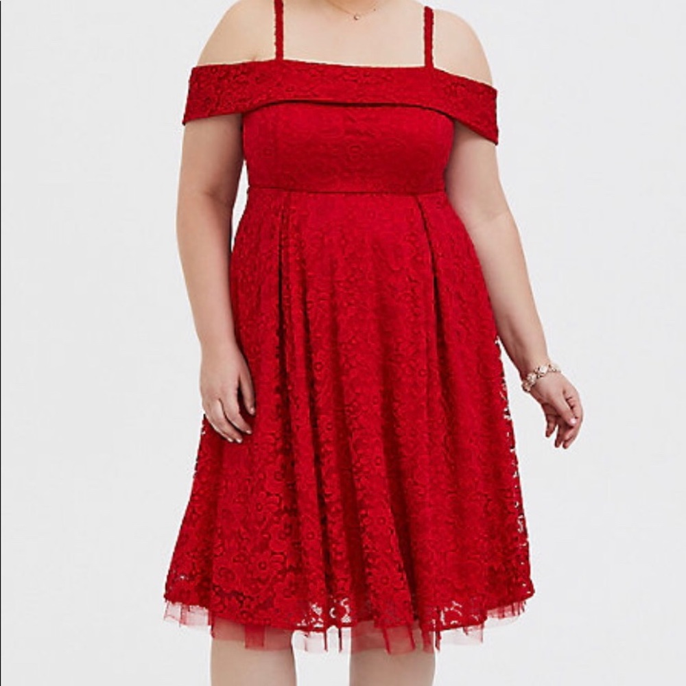 Red lace cold shoulder skater dress